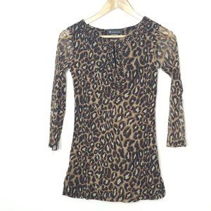 INC International Concepts Leopard Pattern Mesh Sleeves Blouse Beaded Petite XS